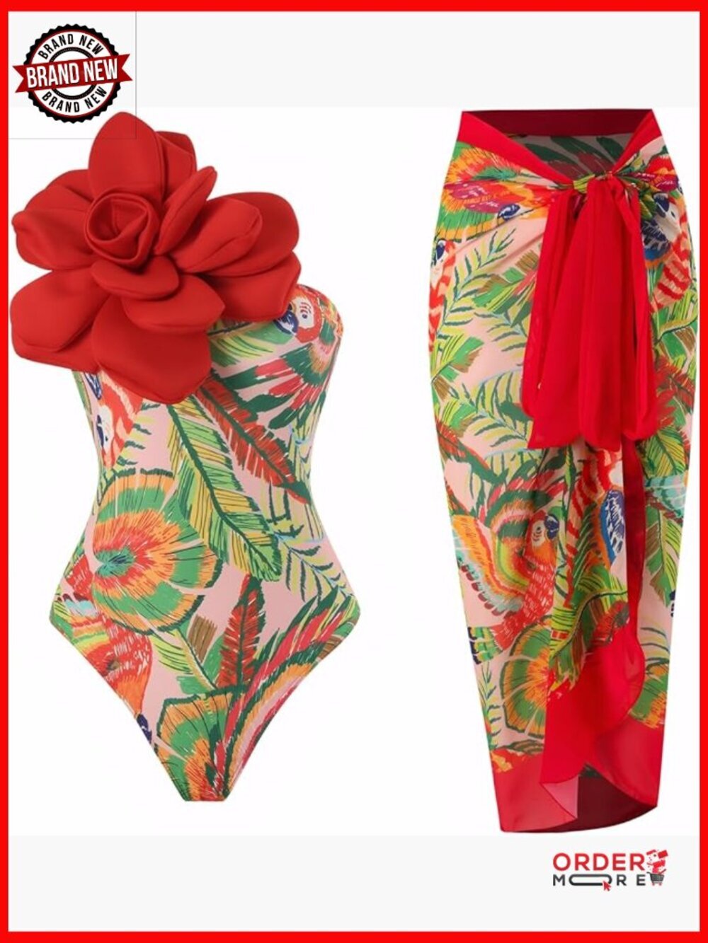 One Shoulder 3D Flower One Piece Swimsuit with Cover Up Set